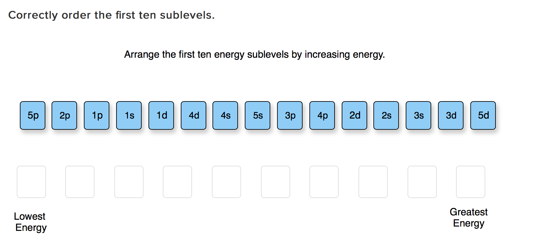 Arrange the first ten energy sublevels by increasing energy.