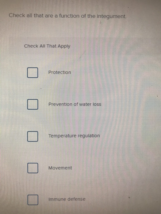 Check all that are a function of the integument Check All That Apply Protection Prevention of water loss Temperature regulati