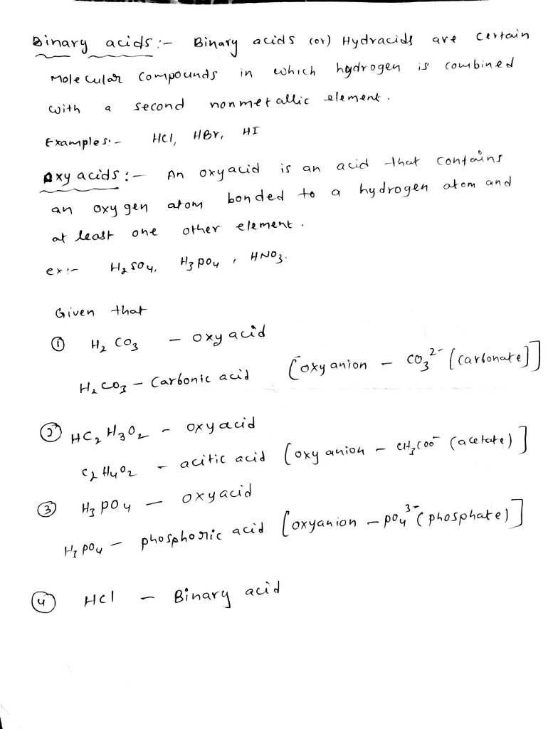 Determine whether the acid h2co3(aq) is a binary acid or an oxyacid.