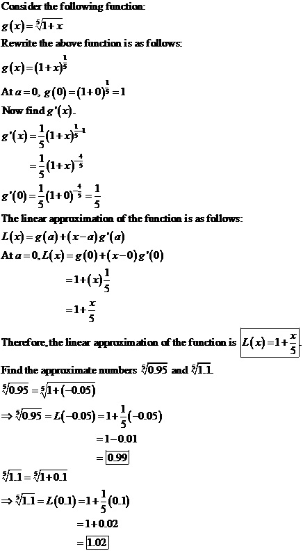 Find the linear approximation of the function g(x) = 5 1 + x at a = 0.