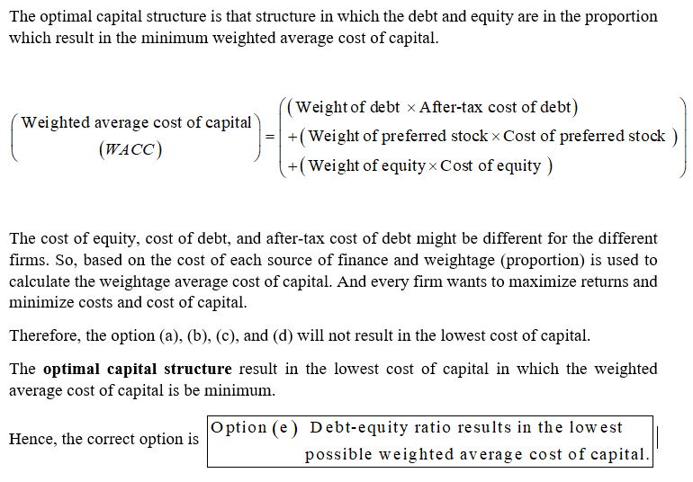 The optimal capital structure is that structure in which the debt and equity are in the proportion which result in the minimu