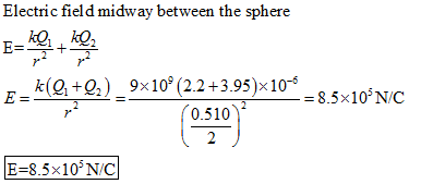 What is the magnitude e of the electric field midway between the spheres?