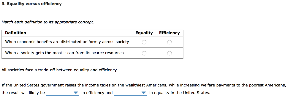 3. Equality versus efficiency Match each definition to its appropriate concept. Definition When economic benefits are distributed uniformly across society When a society gets the most it can from its scarce resources Equality Efficiency All societies face a trade-off between equality and efficiency If the United States government raises the income taxes on the wealthiest Americans, while increasing welfare payments to the poorest Americans, the result will likely be in efficiency and in equality in the United States