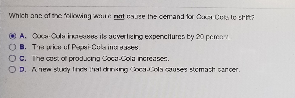 Which one of the following would not cause the demand for coca-cola to shift?