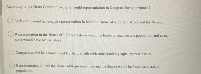 According to the great compromise how would representation in congress be apportioned?