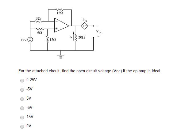 For the attached circuit. find the open circuit voltage (voc) if the op amp is ideal.