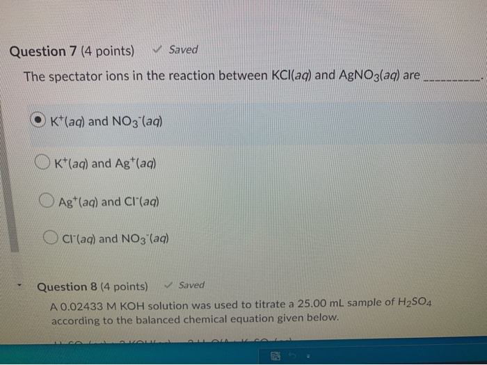 What are the spectator ions in the reaction between kcl (aq) and agno3 (aq)?