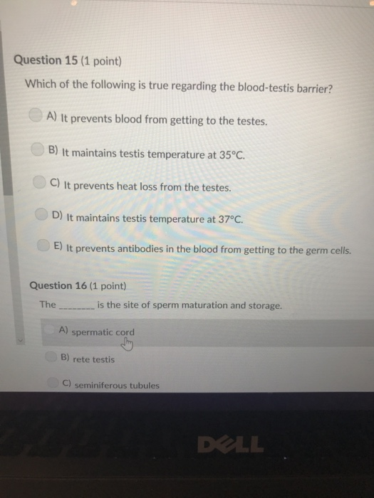 Question 15 (1 point) Which of the following is true regarding the blood-testis barrier? A) It prevents blood from getting to the testes. B) It maintains testis temperature at 35°C. C) It prevents heat loss from the testes. D) It maintains testis temperature at 37°C. E) It prevents antibodies in the blood from getting to the germ cells. Question 16 (1 point) Theis the site of sperm maturation and storage. A) spermatic cord B) rete testis C) seminiferous tubules DOLL