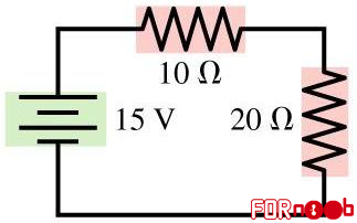 What is the potential difference across the 10 ohm resistor in the figure