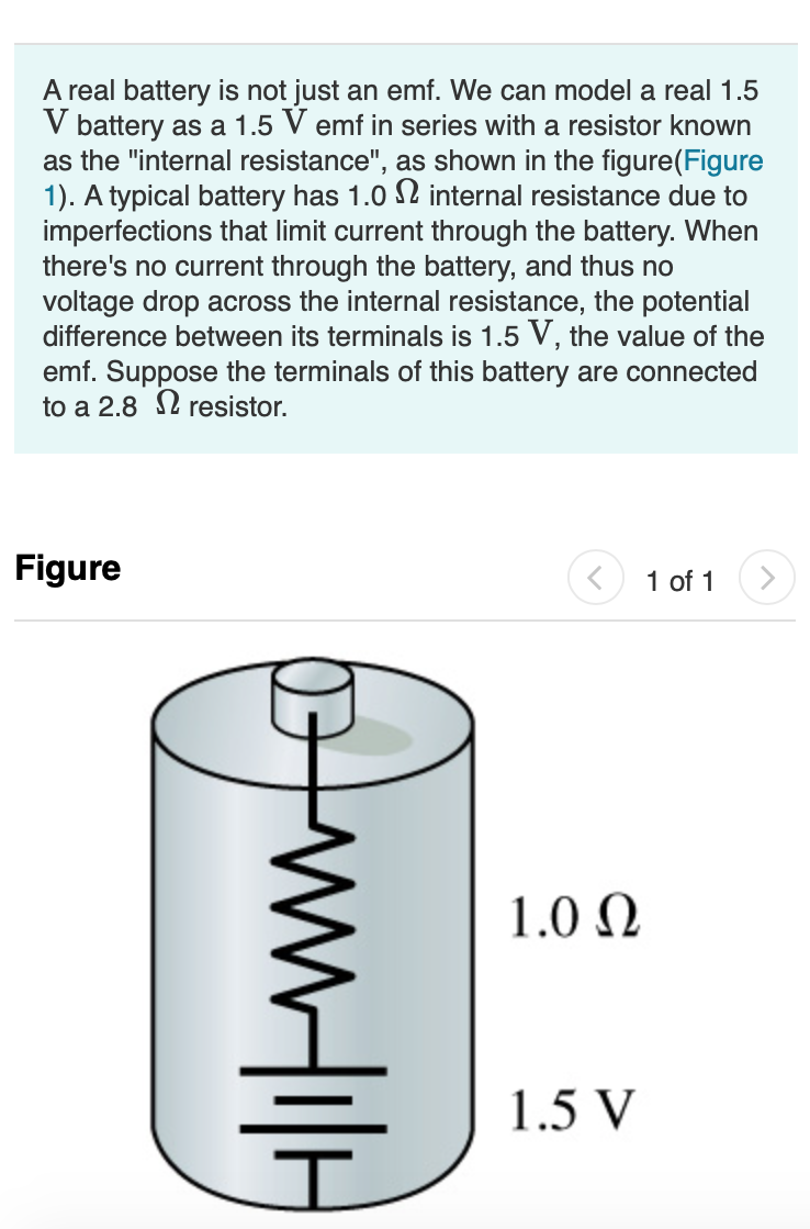 What is the potential difference between the terminals of the battery?